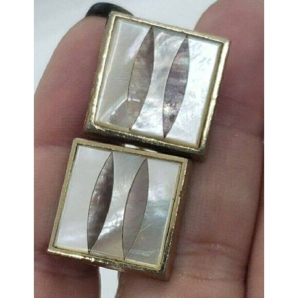 Vintage CuffLinks Gold Metal Abalone Mother of Pearl Inlaid Dante - Picture 3 of 6